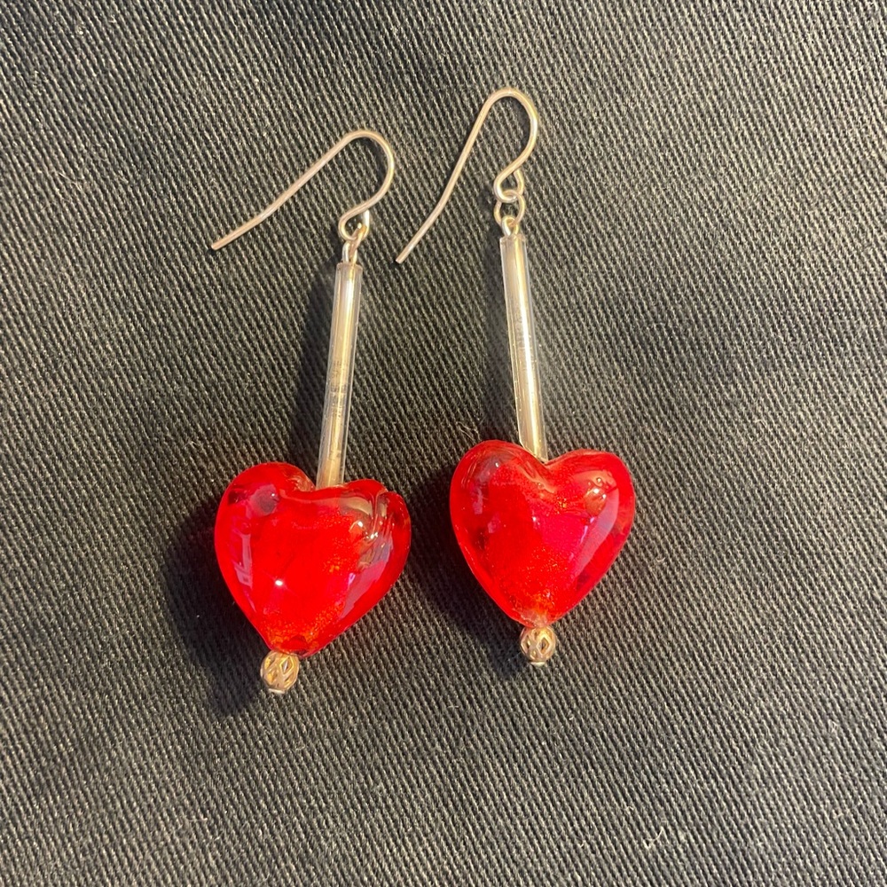 Vibrant Red Heart Earrings with Gold Accents